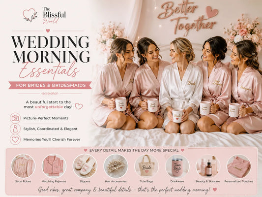 Bride and bridesmaids sitting together in matching satin robes while holding personalized mugs, surrounded by wedding morning essentials including slippers, tote bags, beauty products, hair accessories, and bridal keepsakes