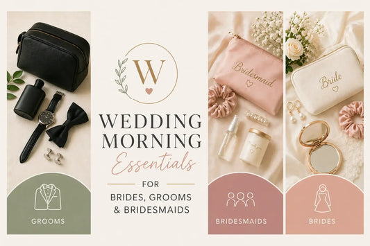 wedding morning essentials for brides grooms and bridesmaids including accessories grooming items and personalized kits in soft neutral theme