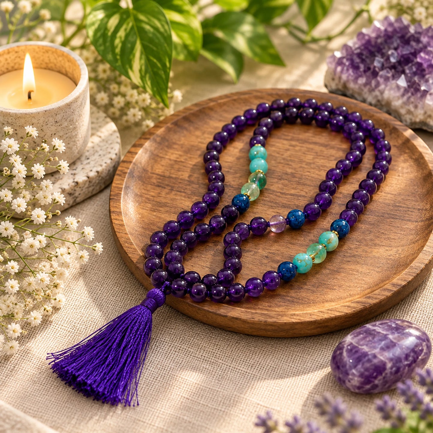 Amethyst Chakra Mala Bead Necklace with Healing Crystals and Tassel