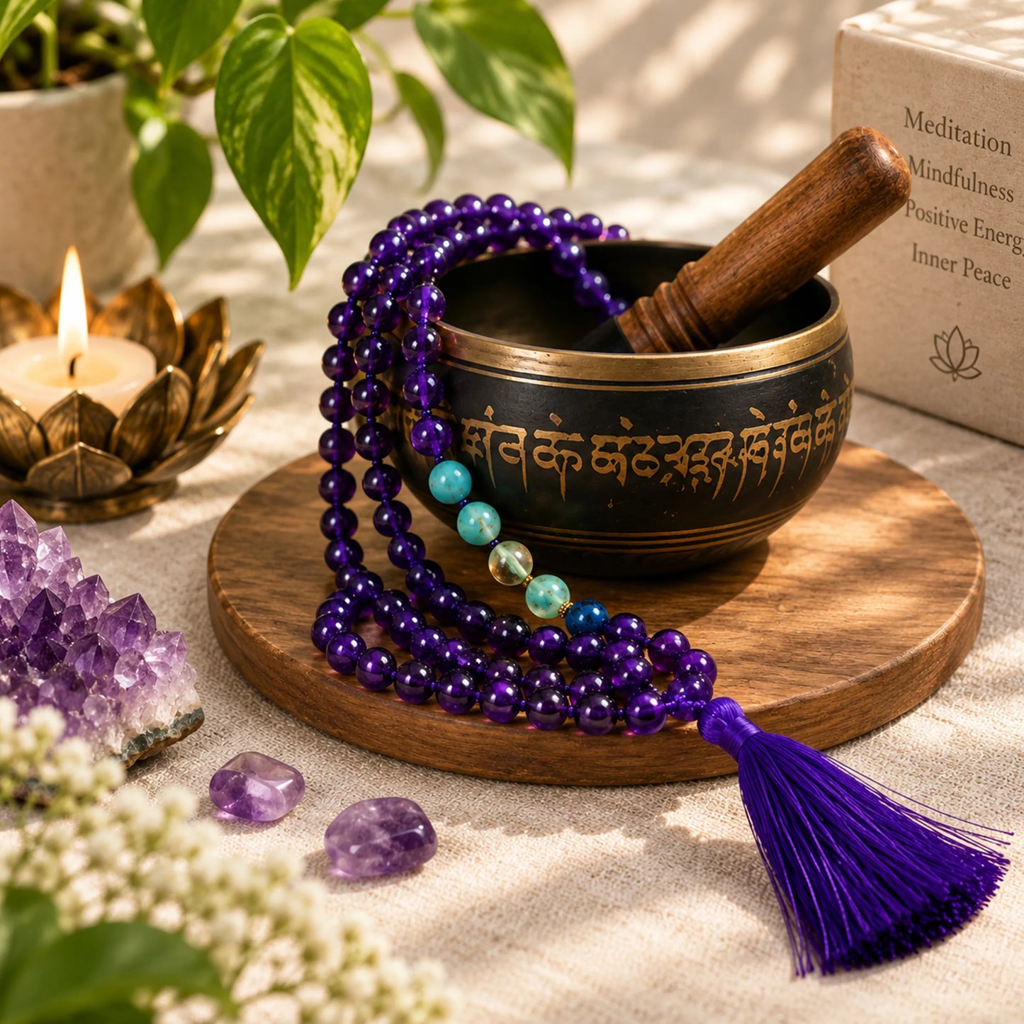 Amethyst Chakra Mala Bead Necklace with Healing Crystals and Tassel