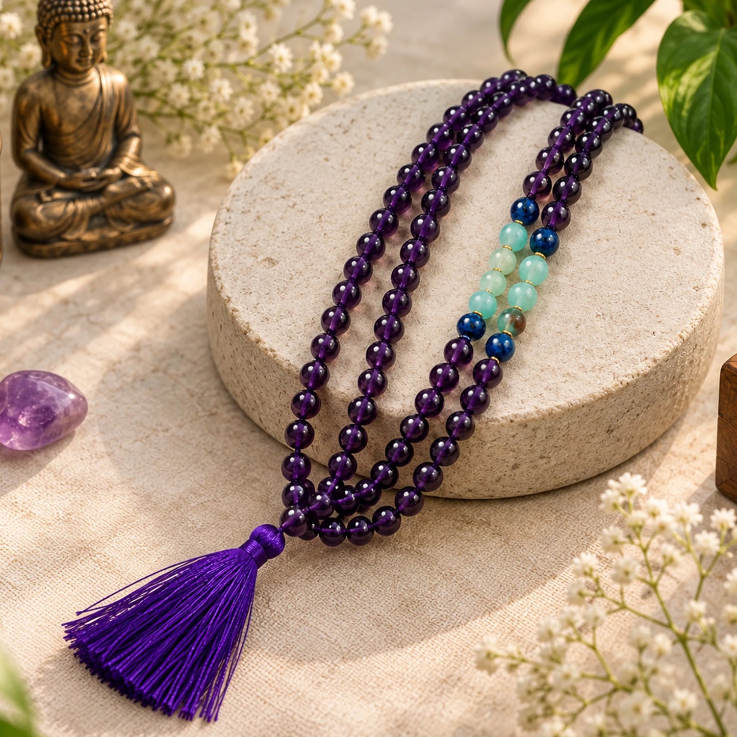 Amethyst Chakra Mala Bead Necklace with Healing Crystals and Tassel