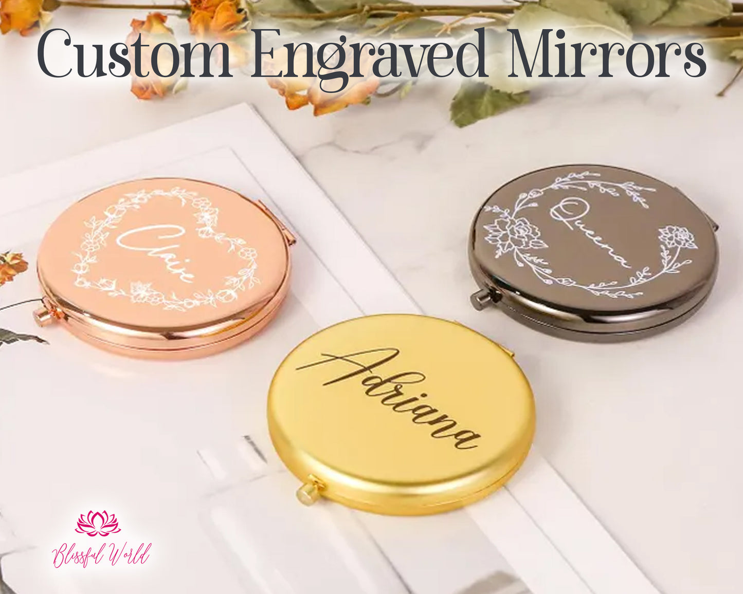 Personalized Compact MIRROR Custom Engraved Bridesmaid Gifts for Mom Mothers Day Gift for Her Women Pink Rose Gold Mirrors Wedding Bridal