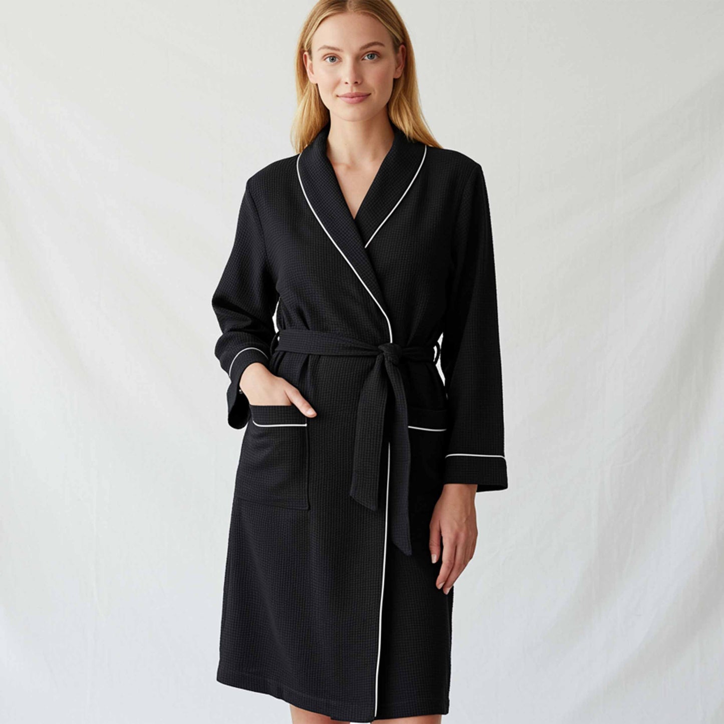 Premium Women’s Waffle Cotton Robe with Piping – Lightweight Spa Robe for Bridesmaid Gifts & Personalized Embroidery