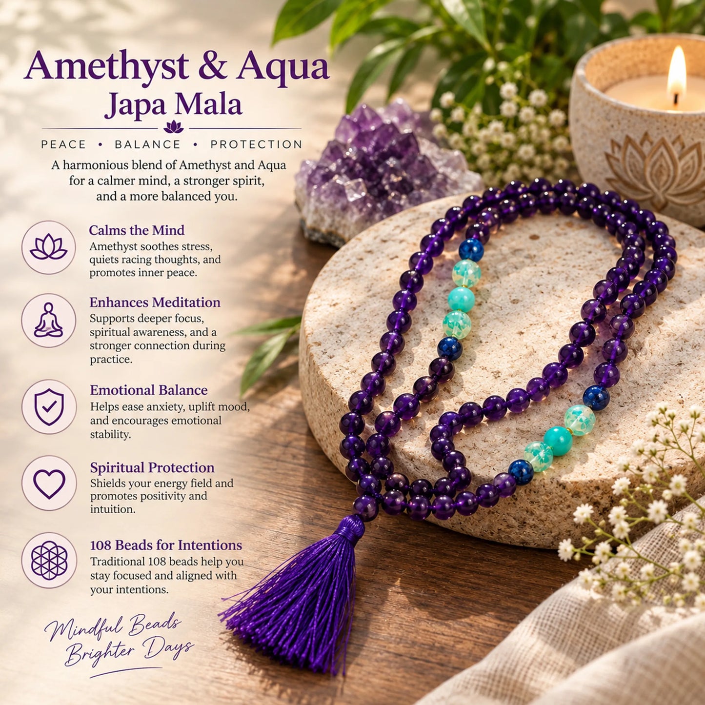 Amethyst Chakra Mala Bead Necklace with Healing Crystals and Tassel