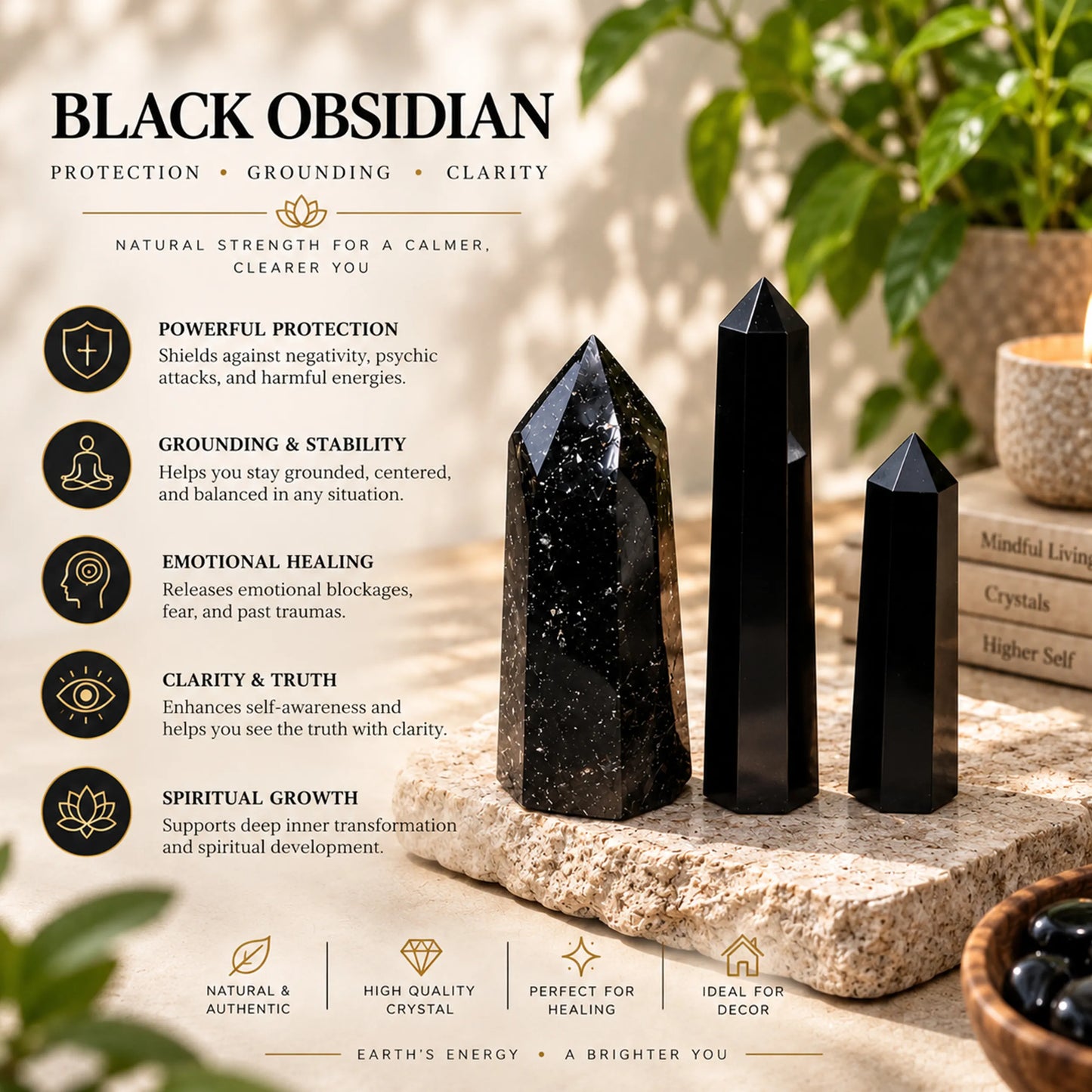 Black Obsidian Crystal Tower Point for Meditation Energy and Home Decor