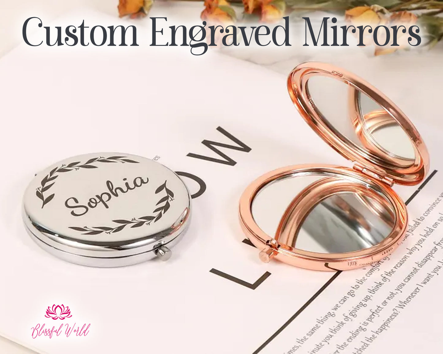 Personalized Compact MIRROR Custom Engraved Bridesmaid Gifts for Mom Mothers Day Gift for Her Women Pink Rose Gold Mirrors Wedding Bridal