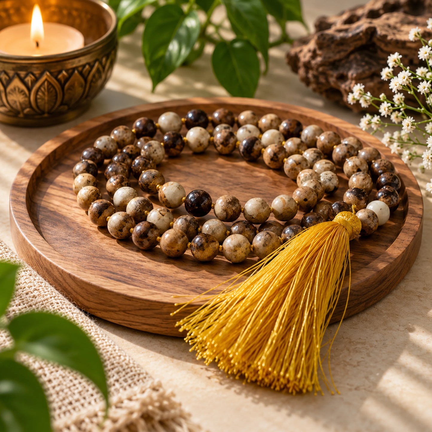 Natural Gemstone Mala Beads with Tassel