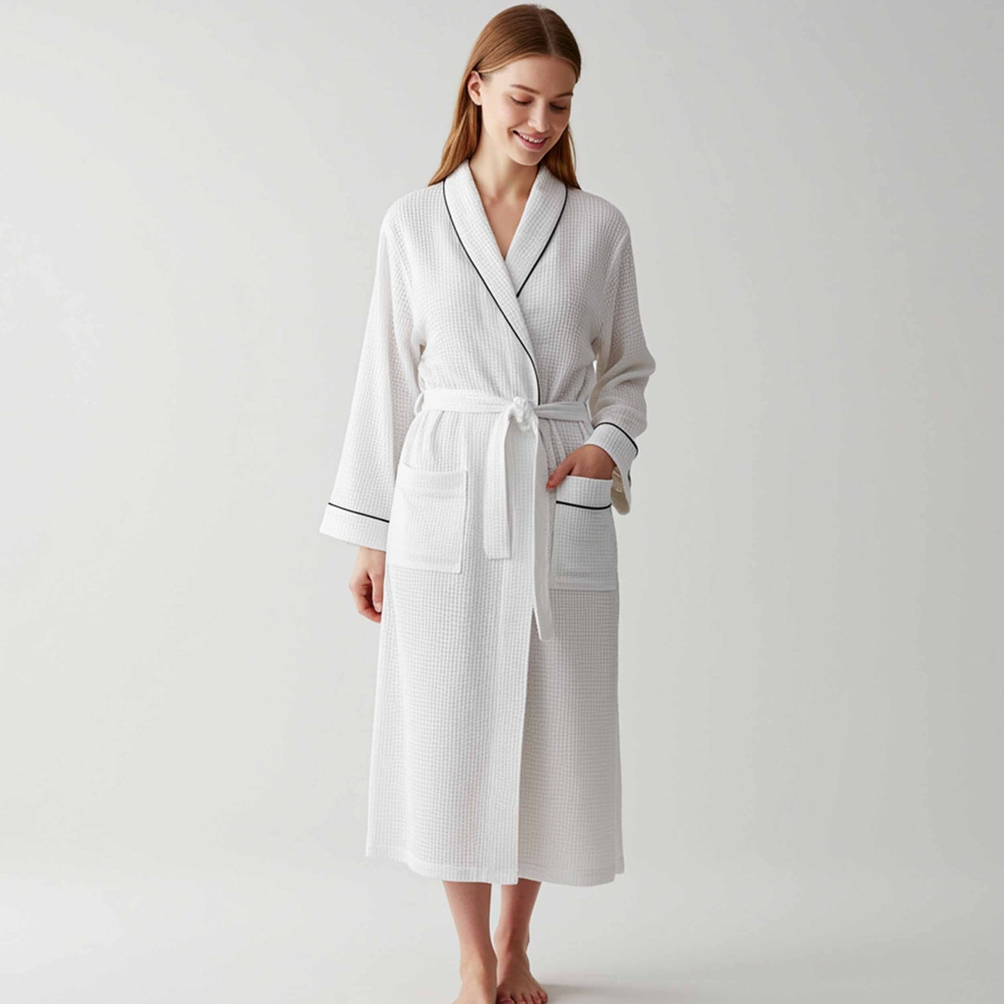 Premium Women’s Waffle Cotton Robe with Piping – Lightweight Spa Robe for Bridesmaid Gifts & Personalized Embroidery