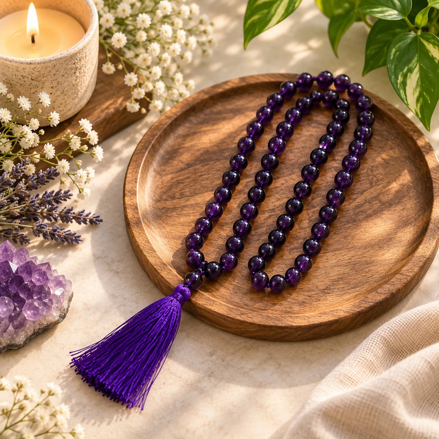 Amethyst Crystal Mala Beads with Tassel for Meditation and Yoga 2