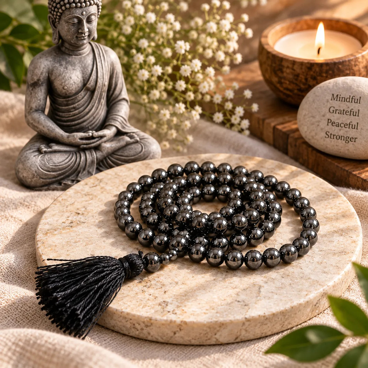 Black Hematite Mala Prayer Beads with Tassel 3