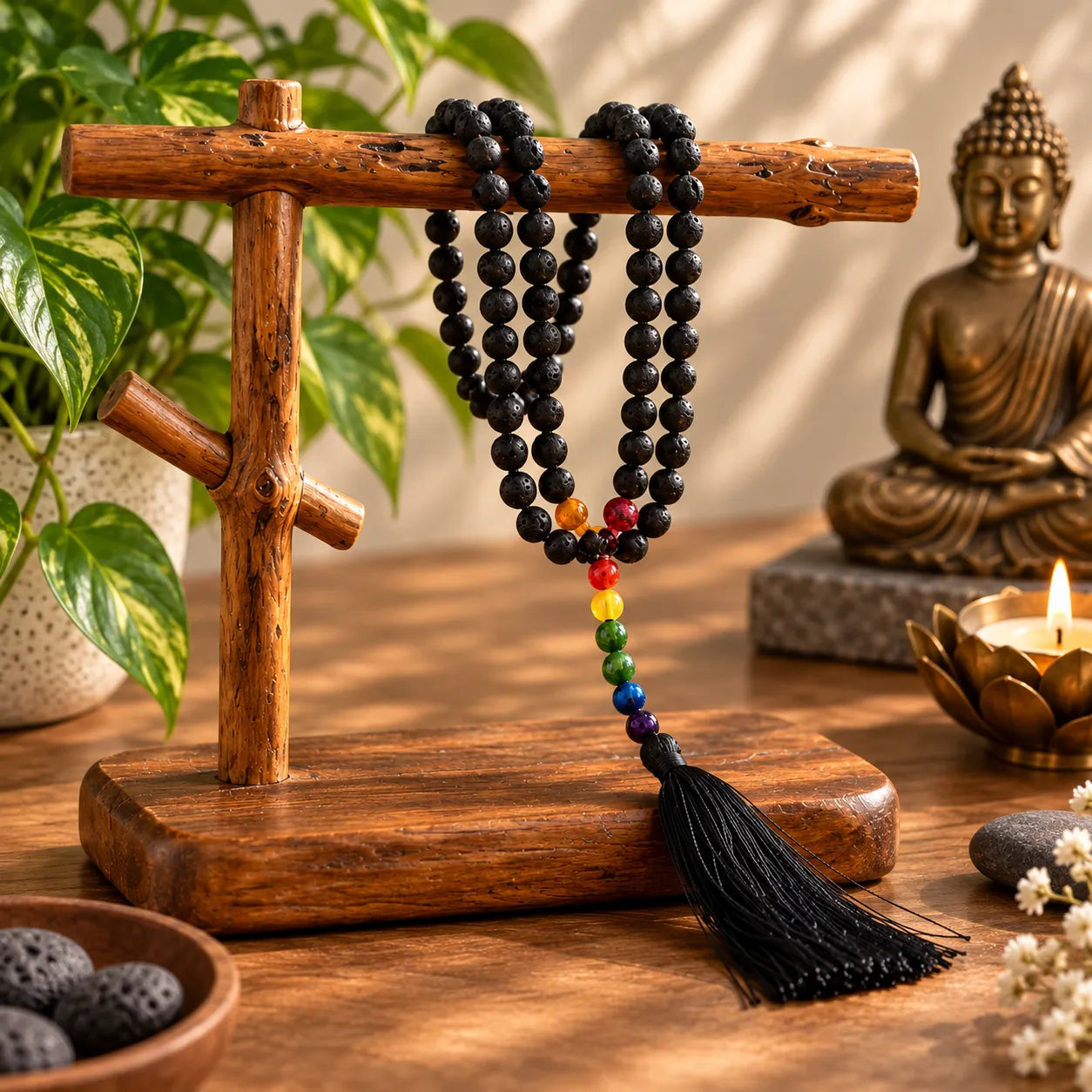 Black beaded necklace with a tassel and rainbow-colored accent beads, displayed on a rustic wooden stand on a wooden table with a Buddha statue, plant, and candle in the background.