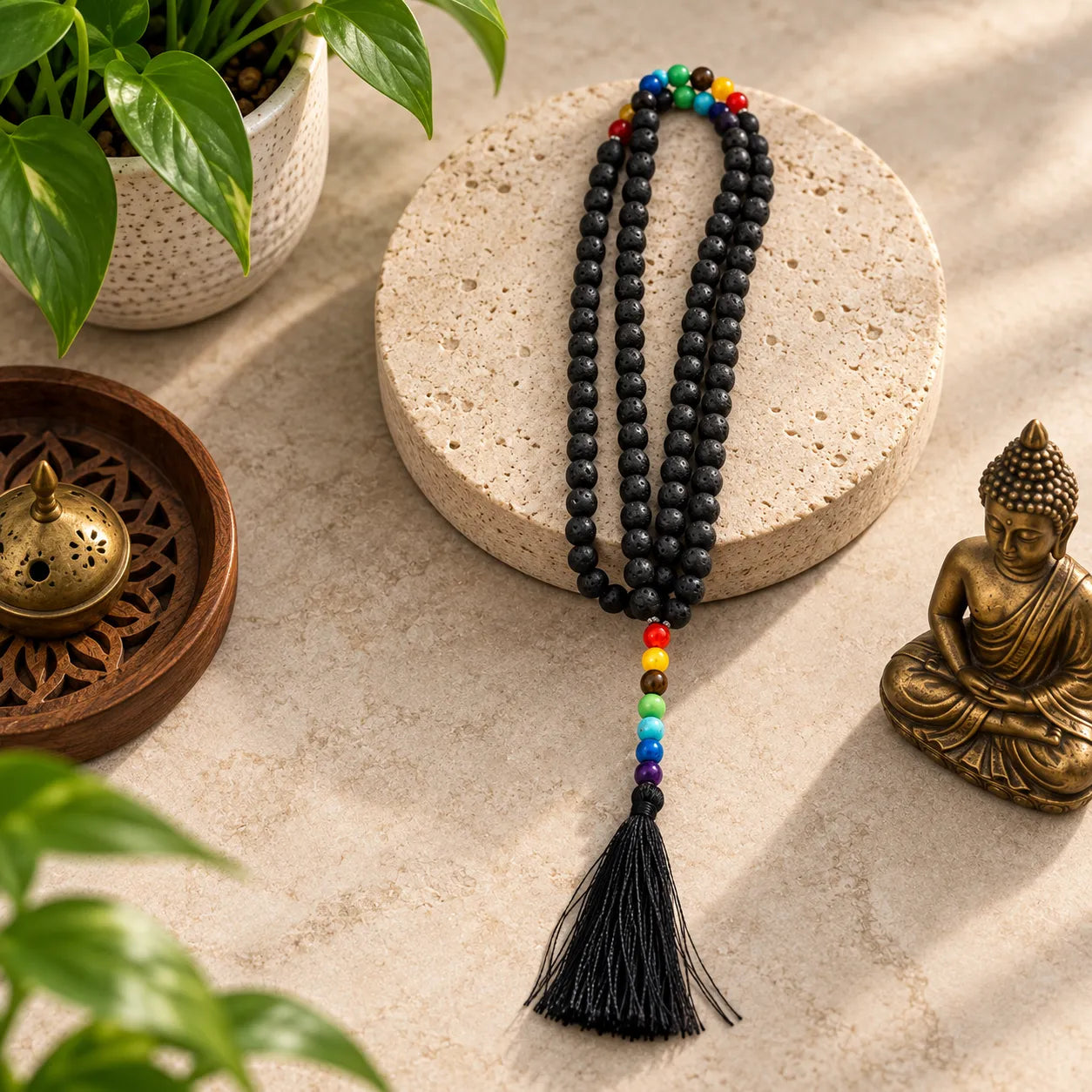 A black beaded necklace with a tassel and a short strand of rainbow-colored beads, displayed on a round stone pedestal with a small Buddha statue, a potted plant, and a wooden tray nearby.
