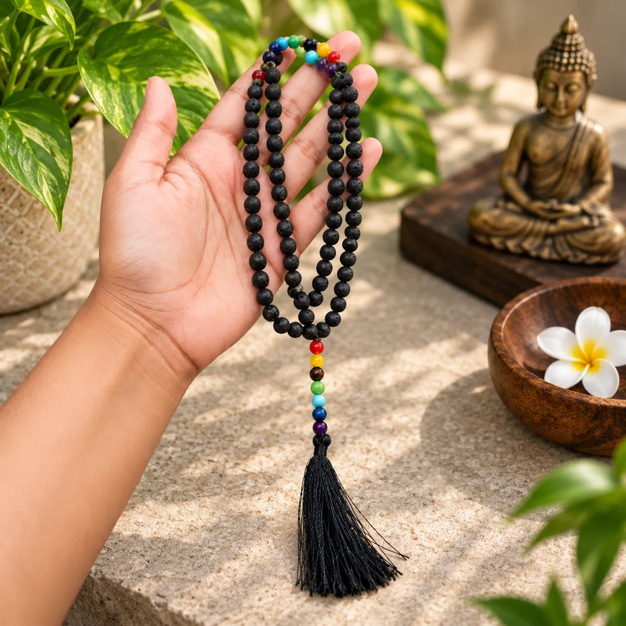 A hand holds a black beaded mala necklace with a tassel and a small rainbow of multicolor beads near the top, set against a styled background with a Buddha statue, a white flower, and green plants.