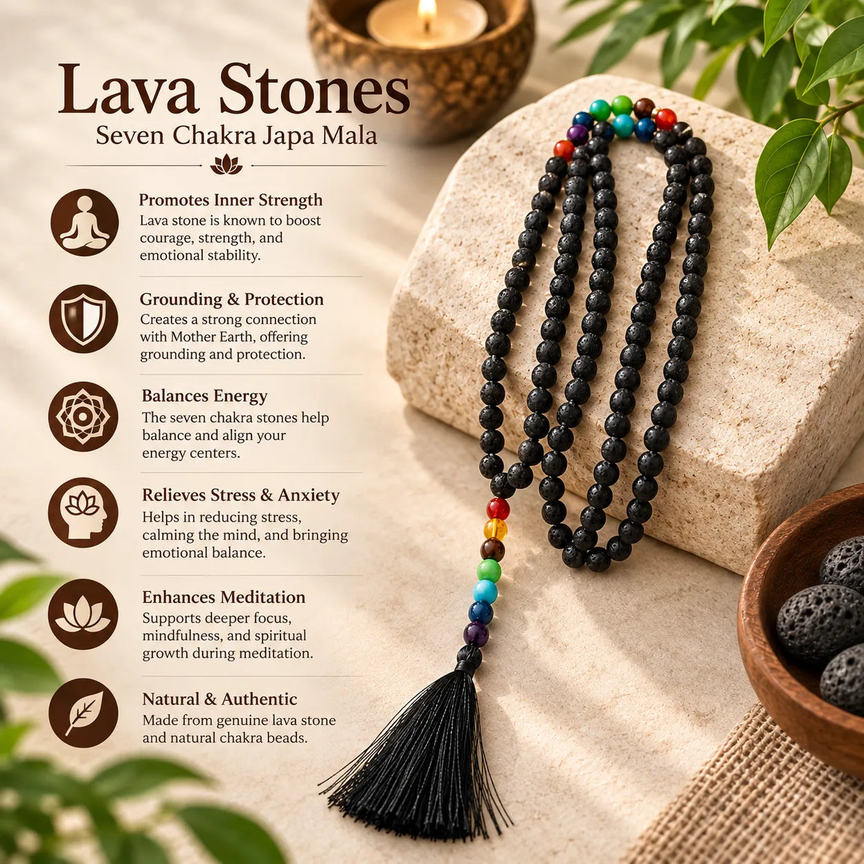 A seven chakra japa mala necklace made of black lava stones with a multicolor bead sequence, displayed on a beige stone alongside a bowl of more stones and a candle. The left side features text and icons explaining the benefits of the lava stone.