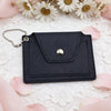Black leather wallet with a gold button on a white lace background with flowers