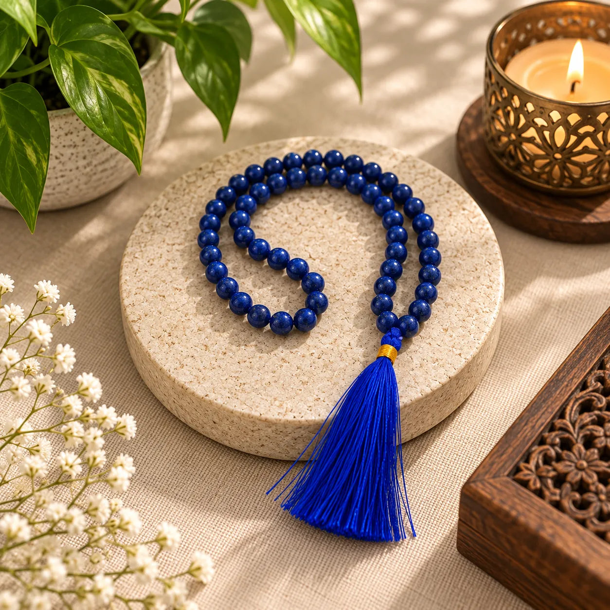 A blue beaded necklace with a matching tassel is arranged on a round stone slab, styled with a lit candle, green leaves, and small white flowers on a beige fabric surface.