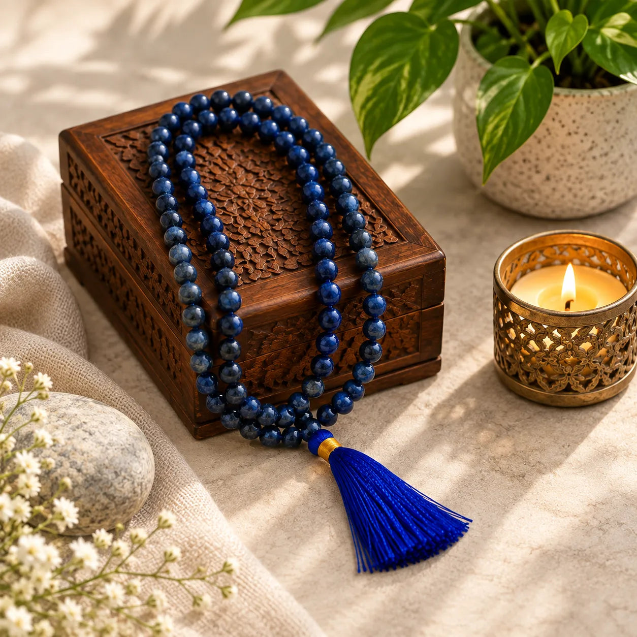 A blue beaded necklace with a matching tassel is draped over an ornate carved wooden box, styled with a lit candle, green leaves, and small white flowers on a neutral fabric surface.