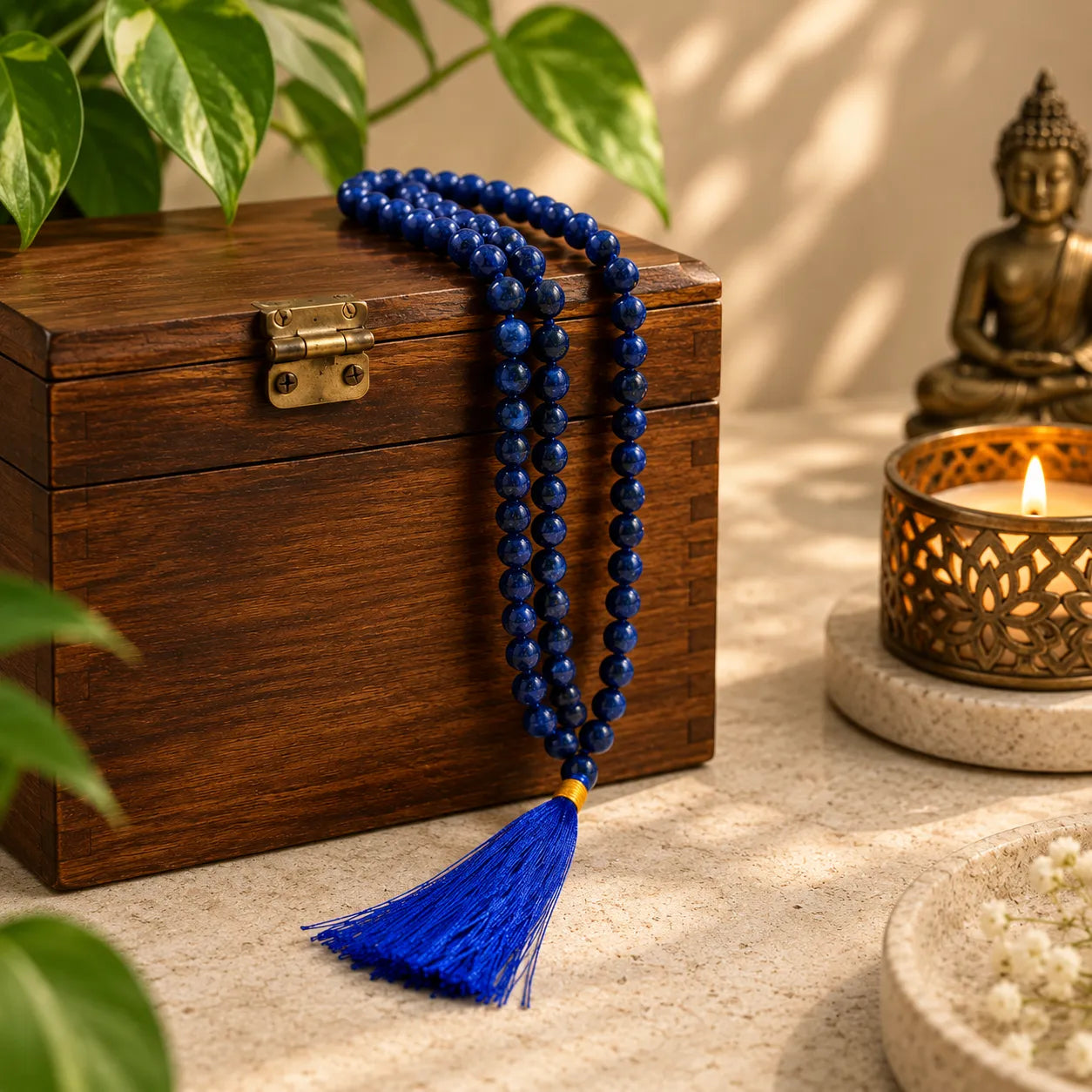 A royal blue beaded mala necklace with a matching tassel draped over a dark wooden box, styled with green leaves, a lit candle, and a small Buddha statue on a stone surface.