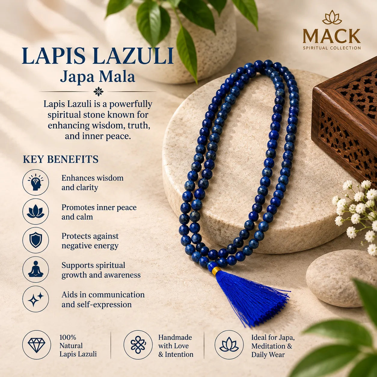 A blue beaded Lapis Lazuli Japa mala necklace with a blue tassel is displayed on a beige stone pedestal. The image includes marketing text, icons, and the brand logo 'MACK Spiritual Collection' on a warm beige background with decorative green leaves and a wooden box.