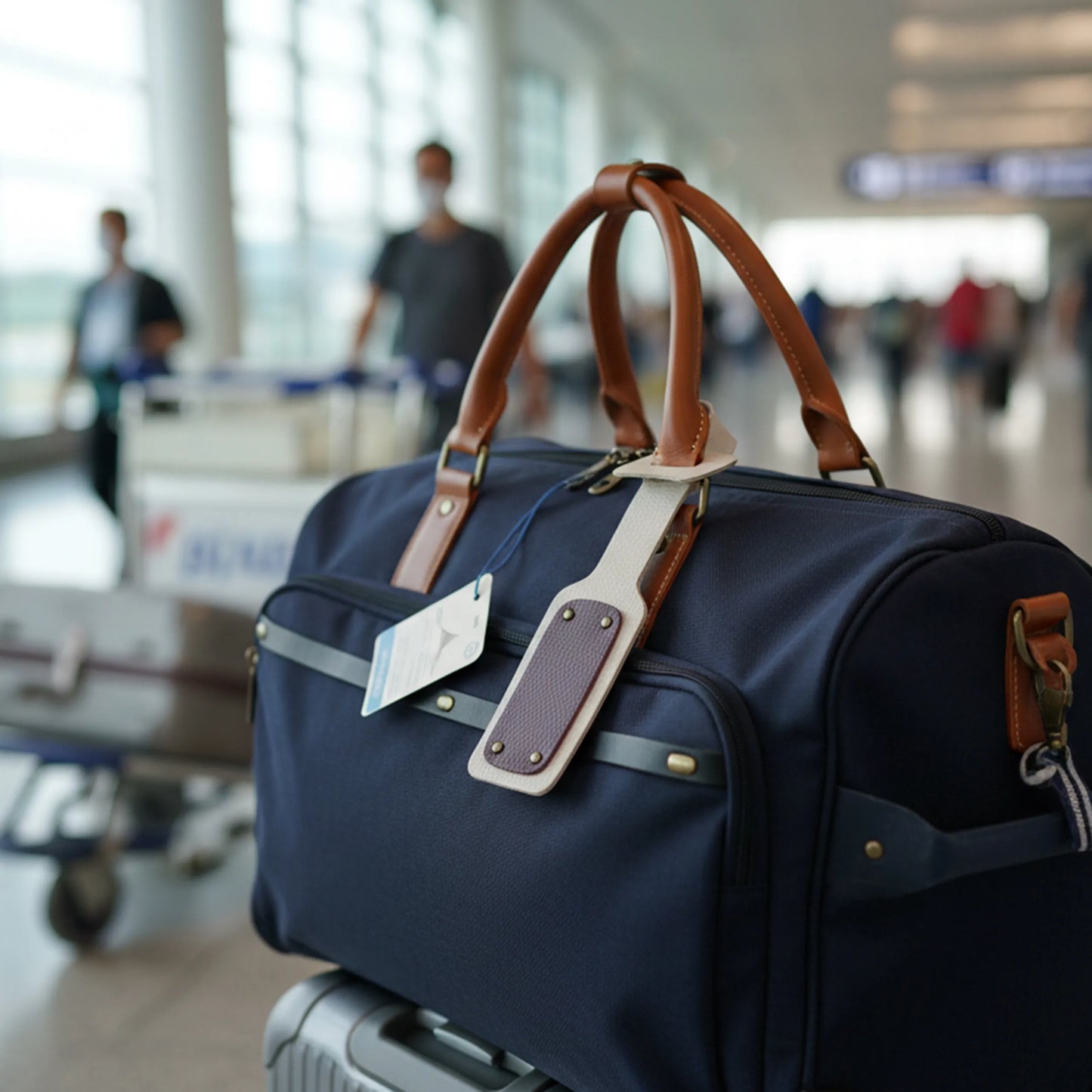 Blue duffel bag with brown leather straps in an airport setting