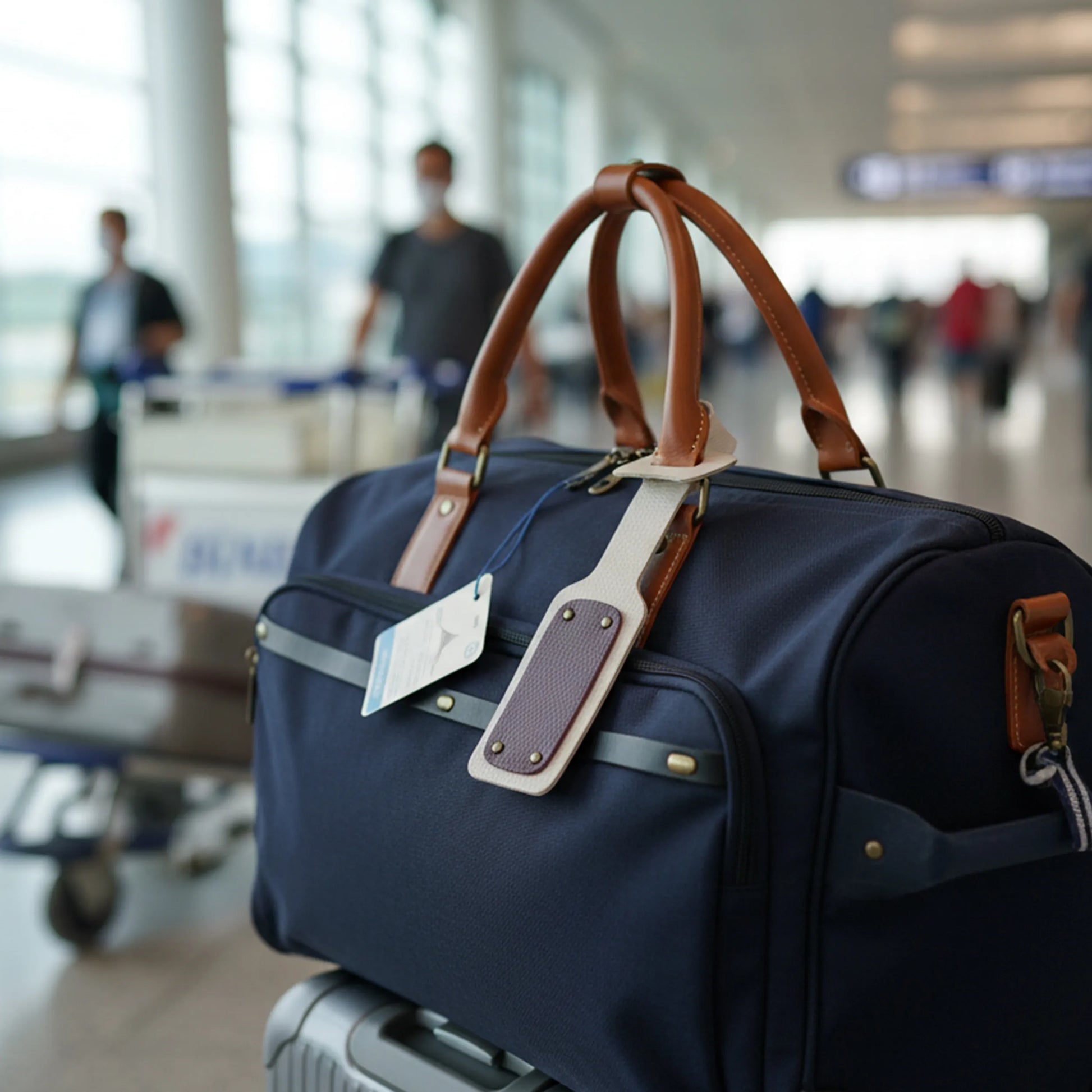 Blue duffel bag with brown leather straps in an airport setting