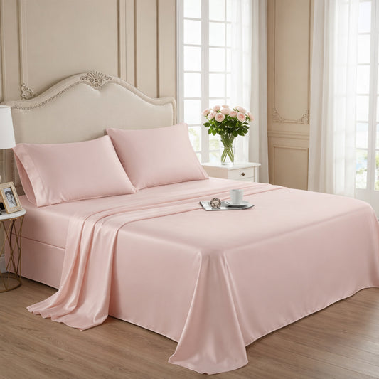 Elegant blush pink silk sheets on a classic tufted headboard bed with rose flower accents