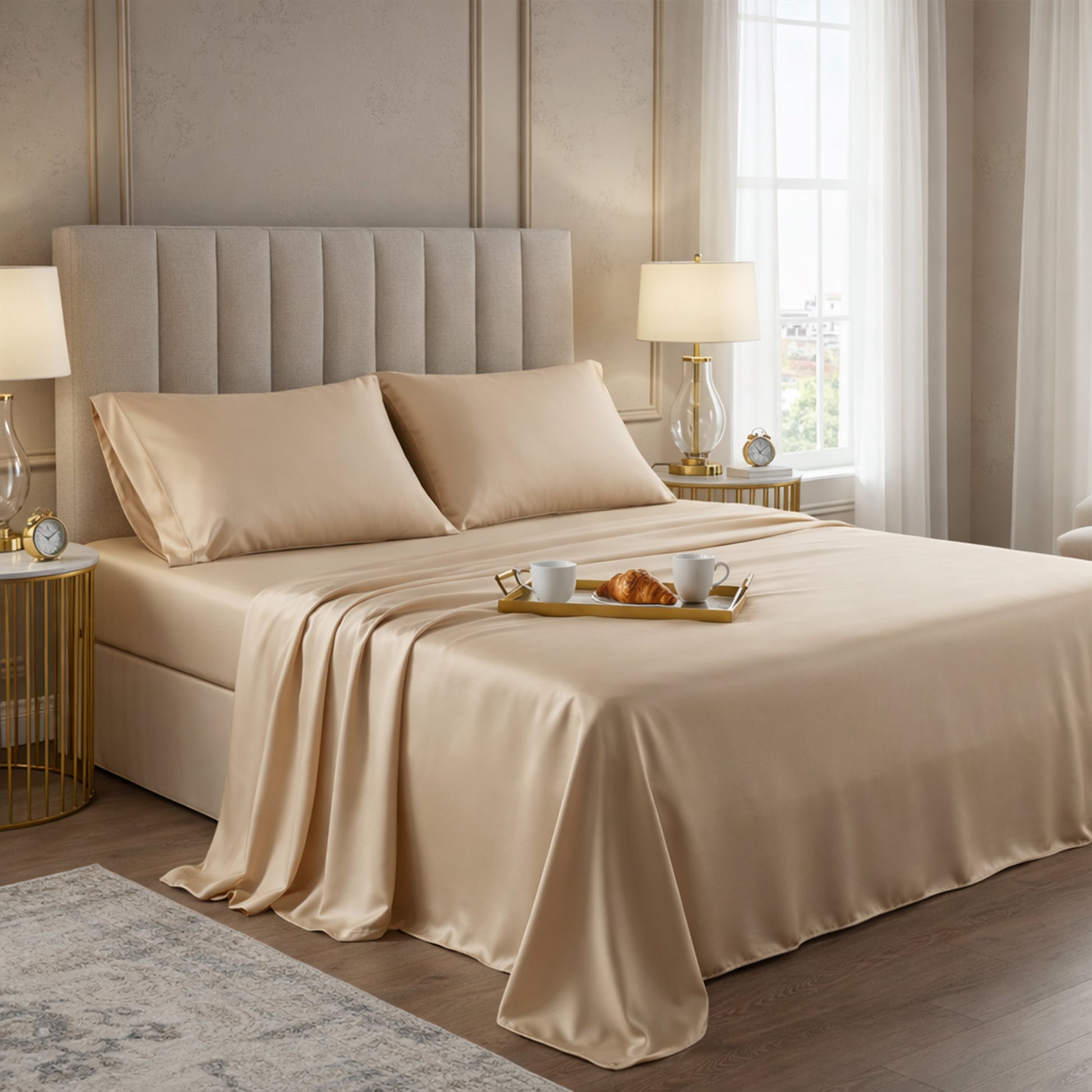 Premium champagne gold satin bedding set featuring a breakfast tray on a draped flat sheet