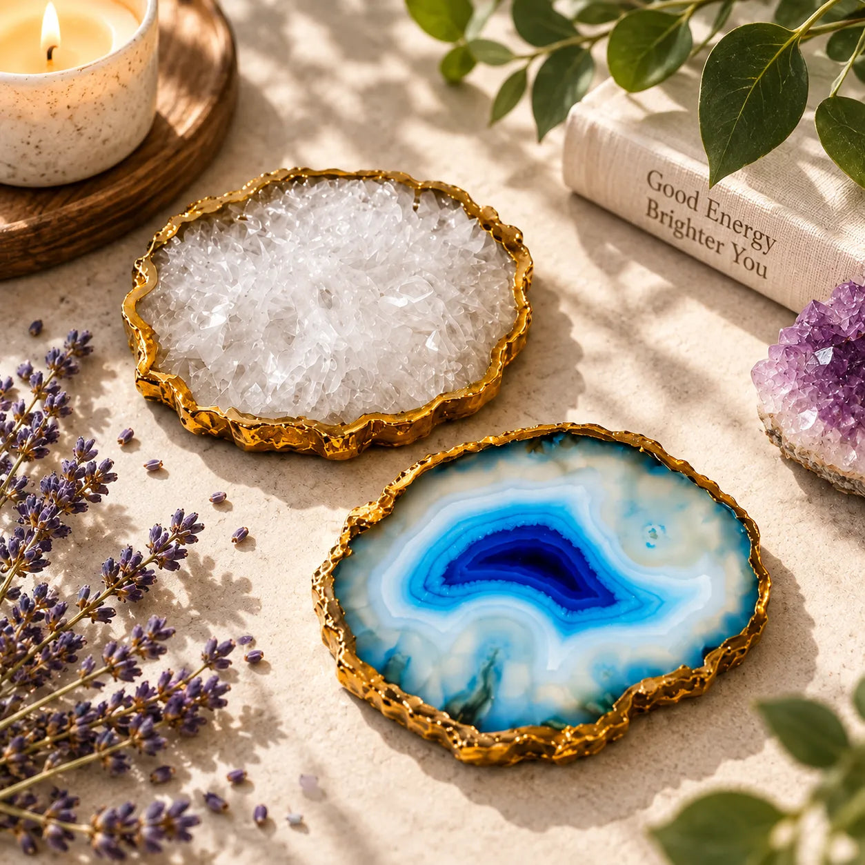 Natural Quartz Agate Coasters with Gold Edge