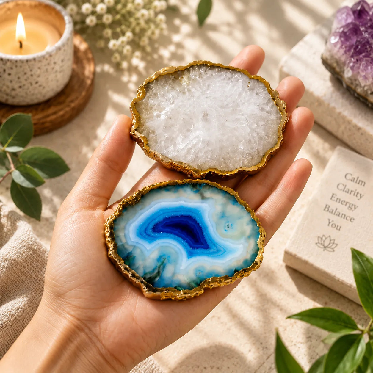 Natural Quartz Agate Coasters with Gold Edge