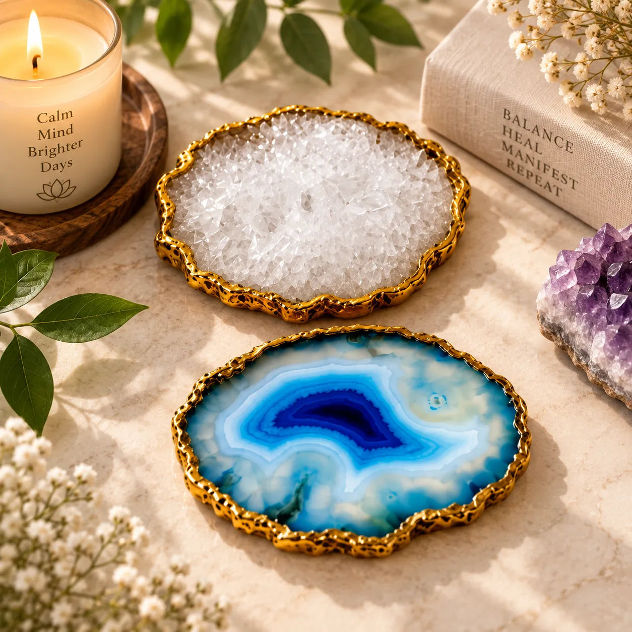 Natural Quartz Agate Coasters with Gold Edge