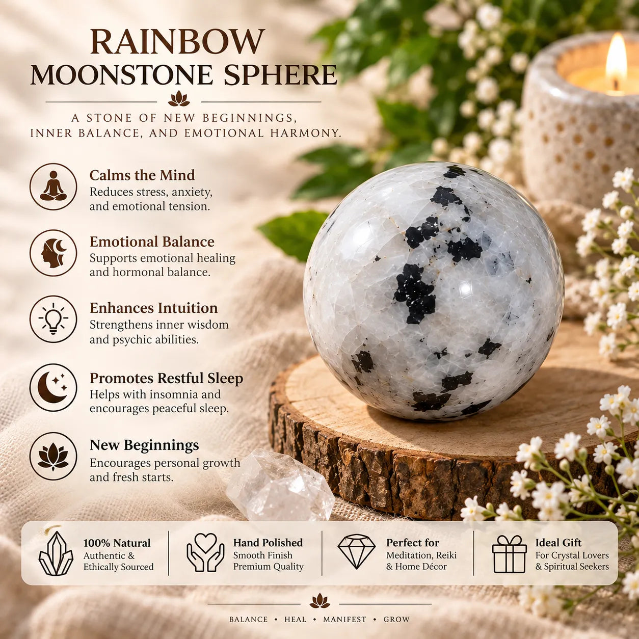 Natural Rainbow Moonstone Sphere for Meditation & Inner Balance