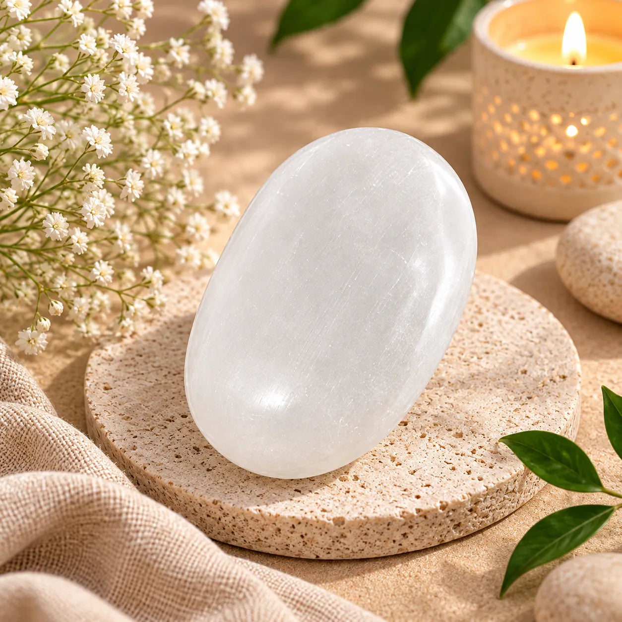 Natural Selenite Palm Stone for Meditation & Energy Cleansing