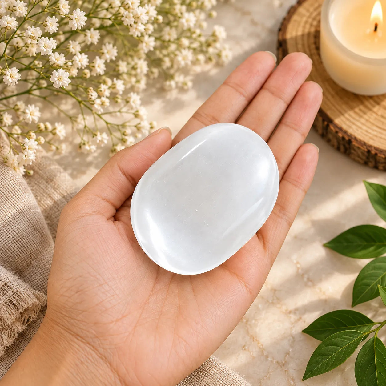 Natural Selenite Palm Stone for Meditation & Energy Cleansing