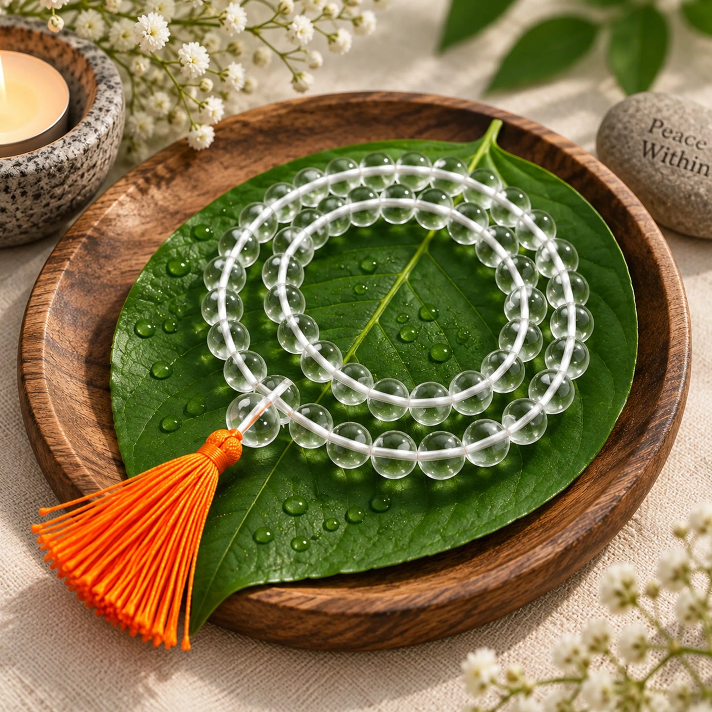 Clear Crystal Prayer Beads with Orange Tassel for Meditation 3