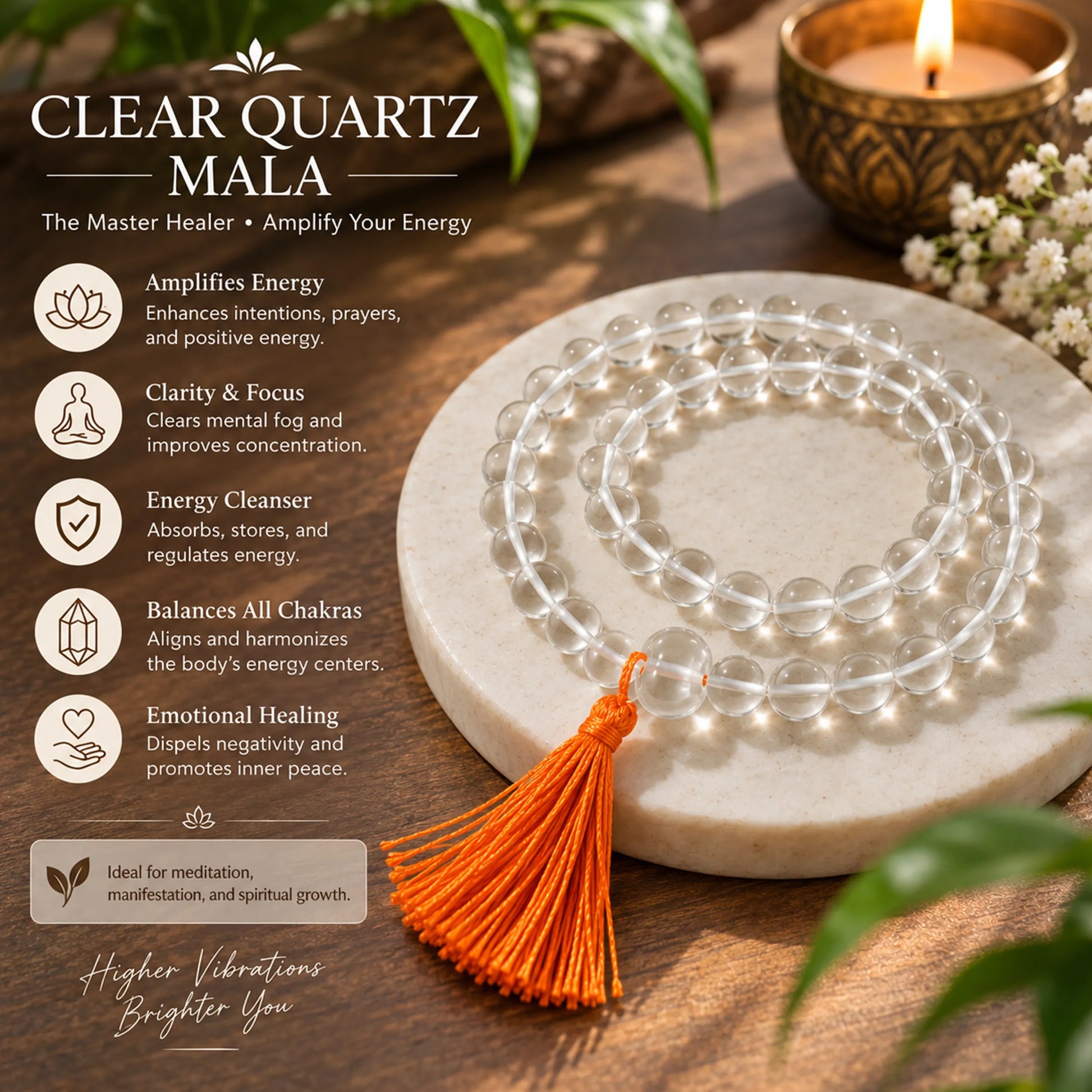 Clear Crystal Prayer Beads with Orange Tassel for Meditation functionality