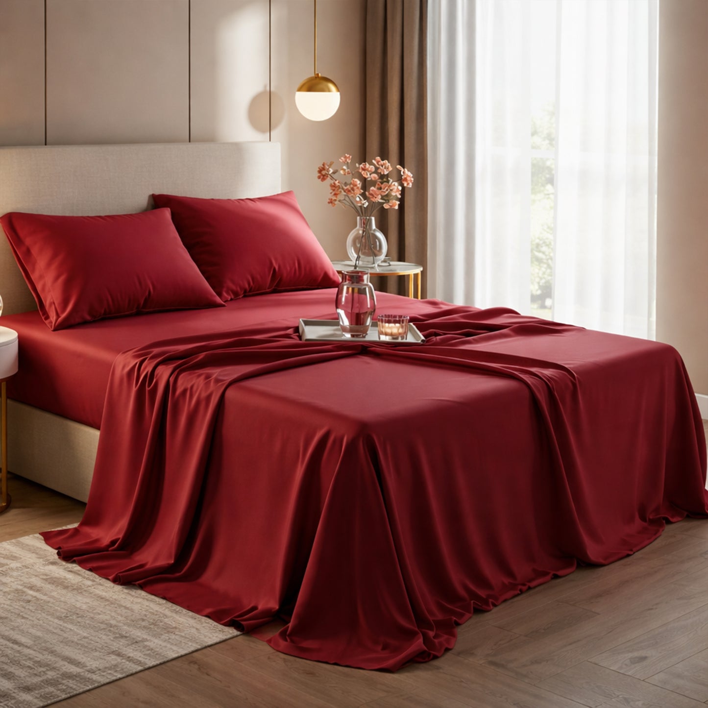 Deep ruby red satin sheets styled on a classic ornate gold bed frame