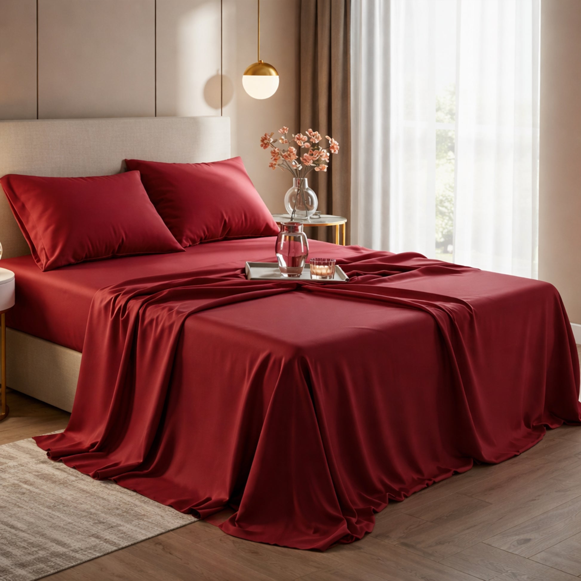 Deep ruby red satin sheets styled on a classic ornate gold bed frame