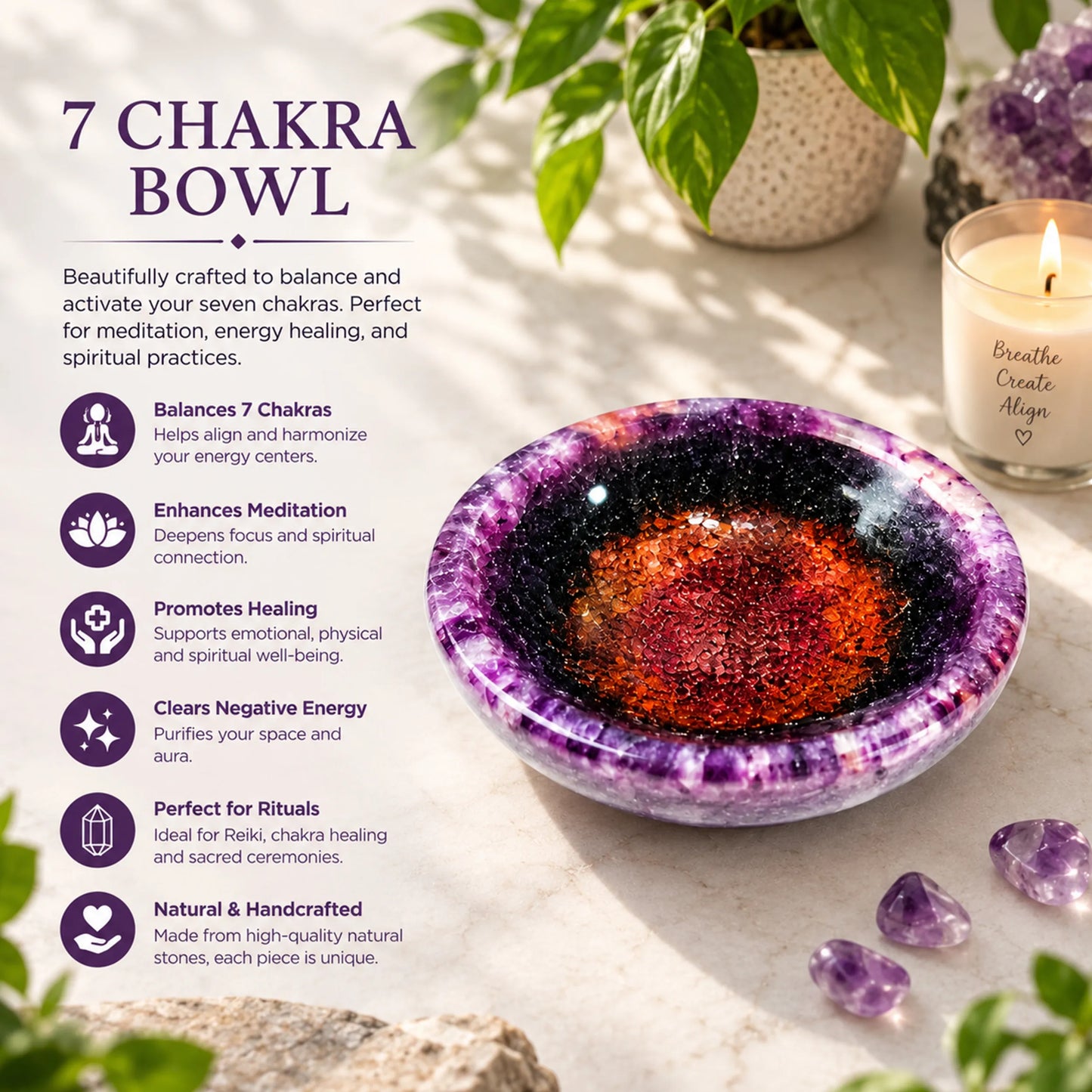 Crystal Energy Bowl with Amethyst Style Chakra Healing Stones functionality