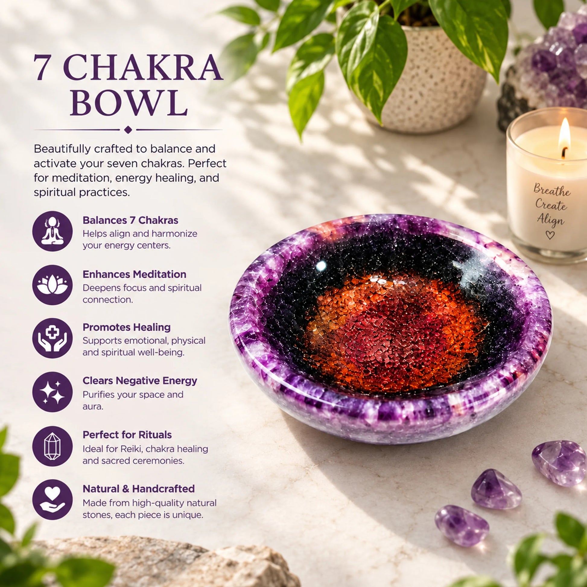 Crystal Energy Bowl with Amethyst Style Chakra Healing Stones functionality