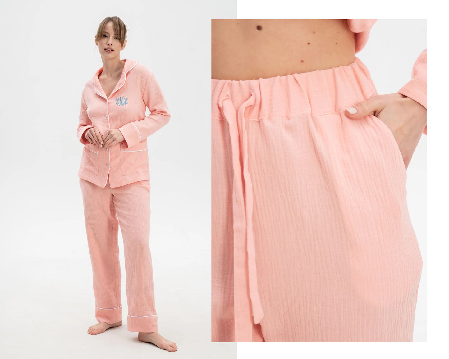 Custom Muslin Embroidered Long Pjs Set  Personalized Cotton Lounge Set 