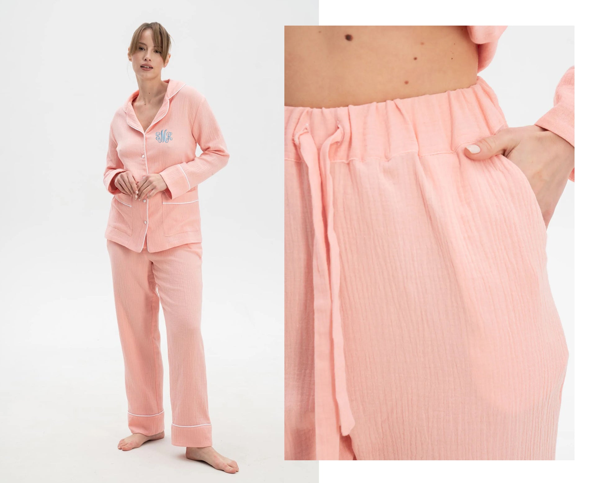 Custom Muslin Embroidered Long Pjs Set  Personalized Cotton Lounge Set 