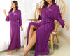 Woman wearing a personalized purple full-length robe with "Grace" print on the chest