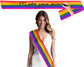  A rainbow-colored sash worn by a woman in a white dress, with an option to write a custom message using a marker.