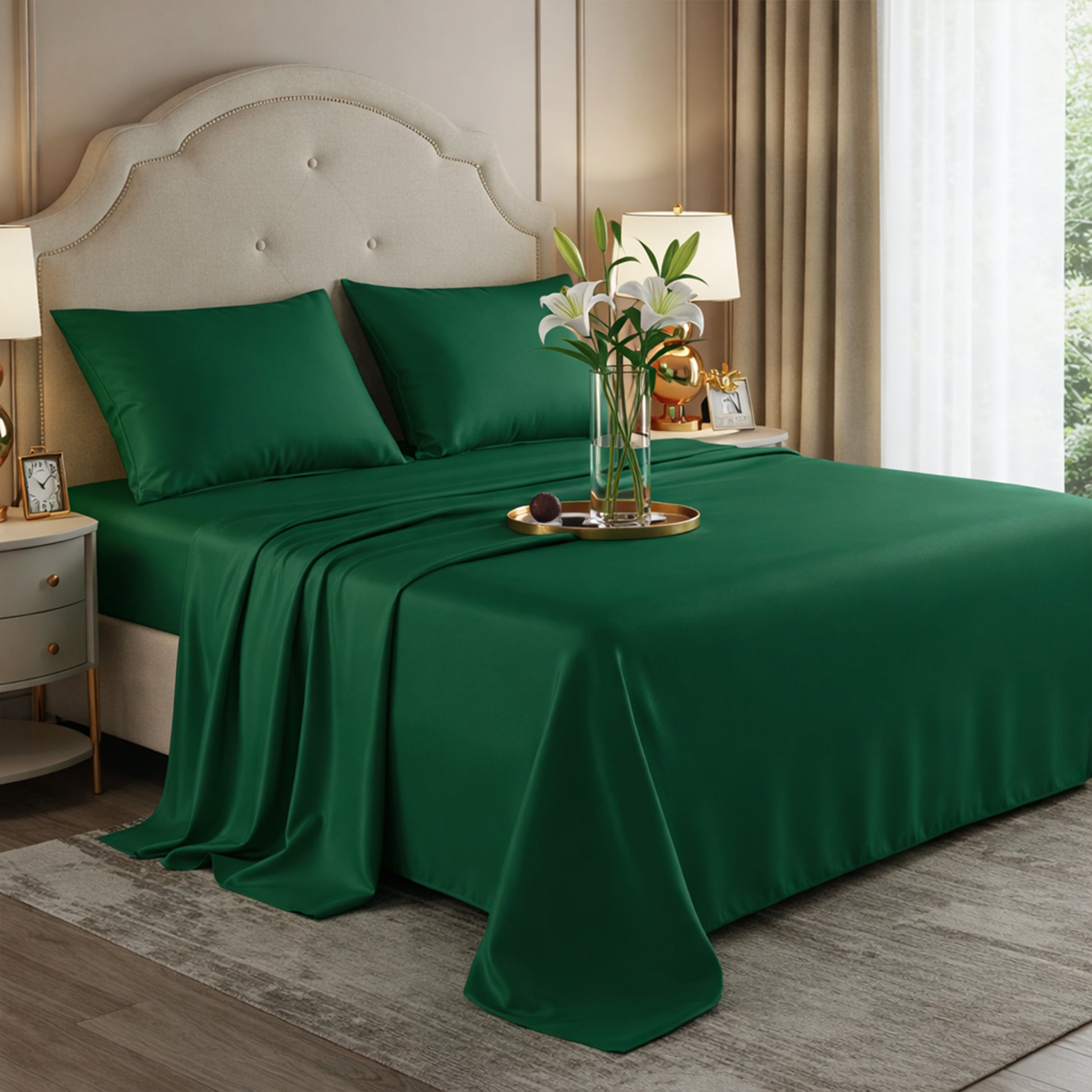 Luxurious emerald green satin sheets styled on a cream headboard with white lilies