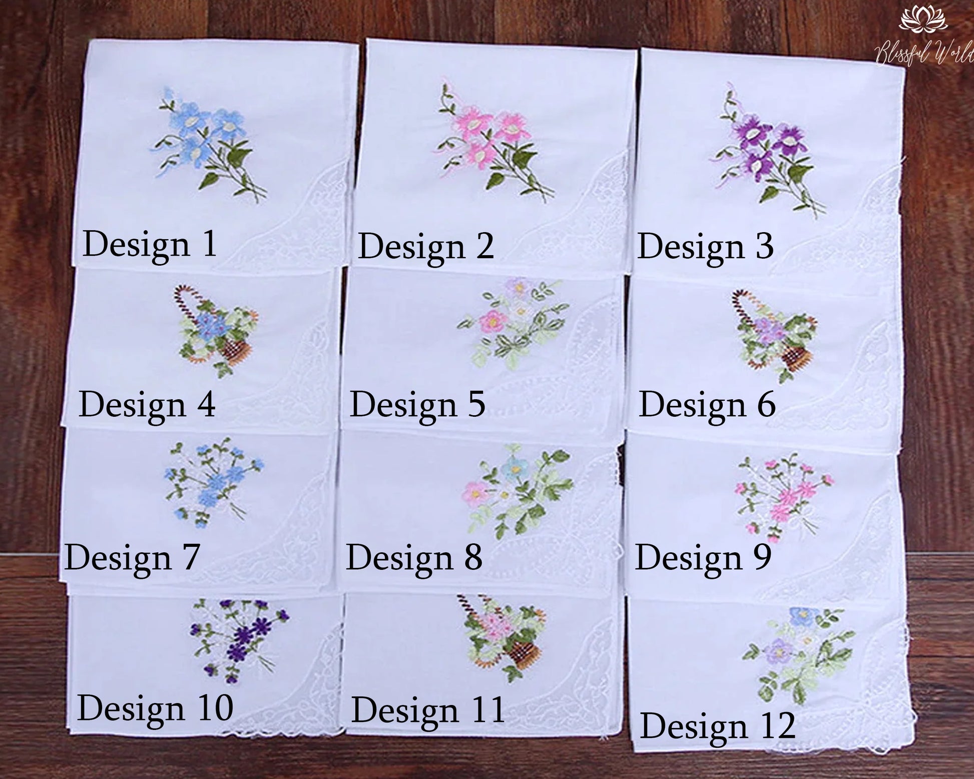 Set of embroidered handkerchiefs with floral designs on a wooden surface