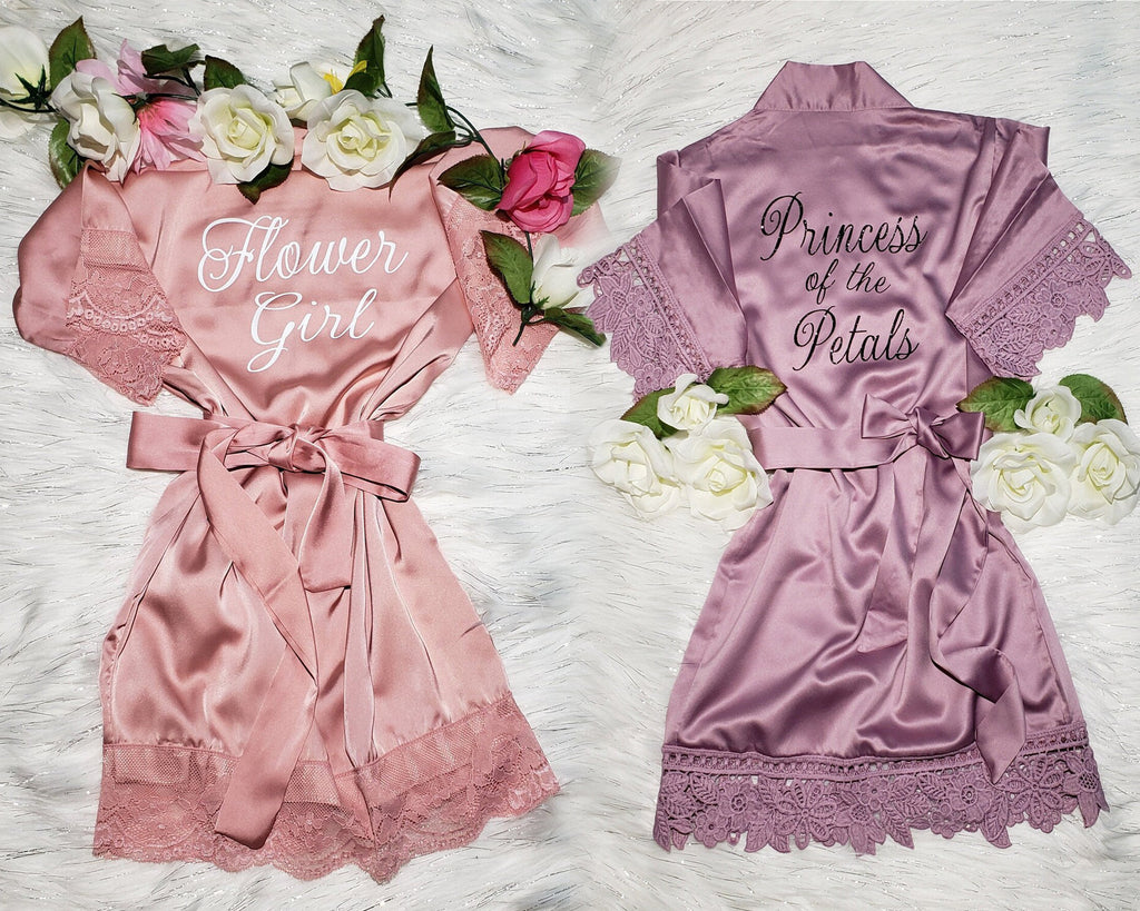 Pink and lavender satin robes with lace details and customizable print 