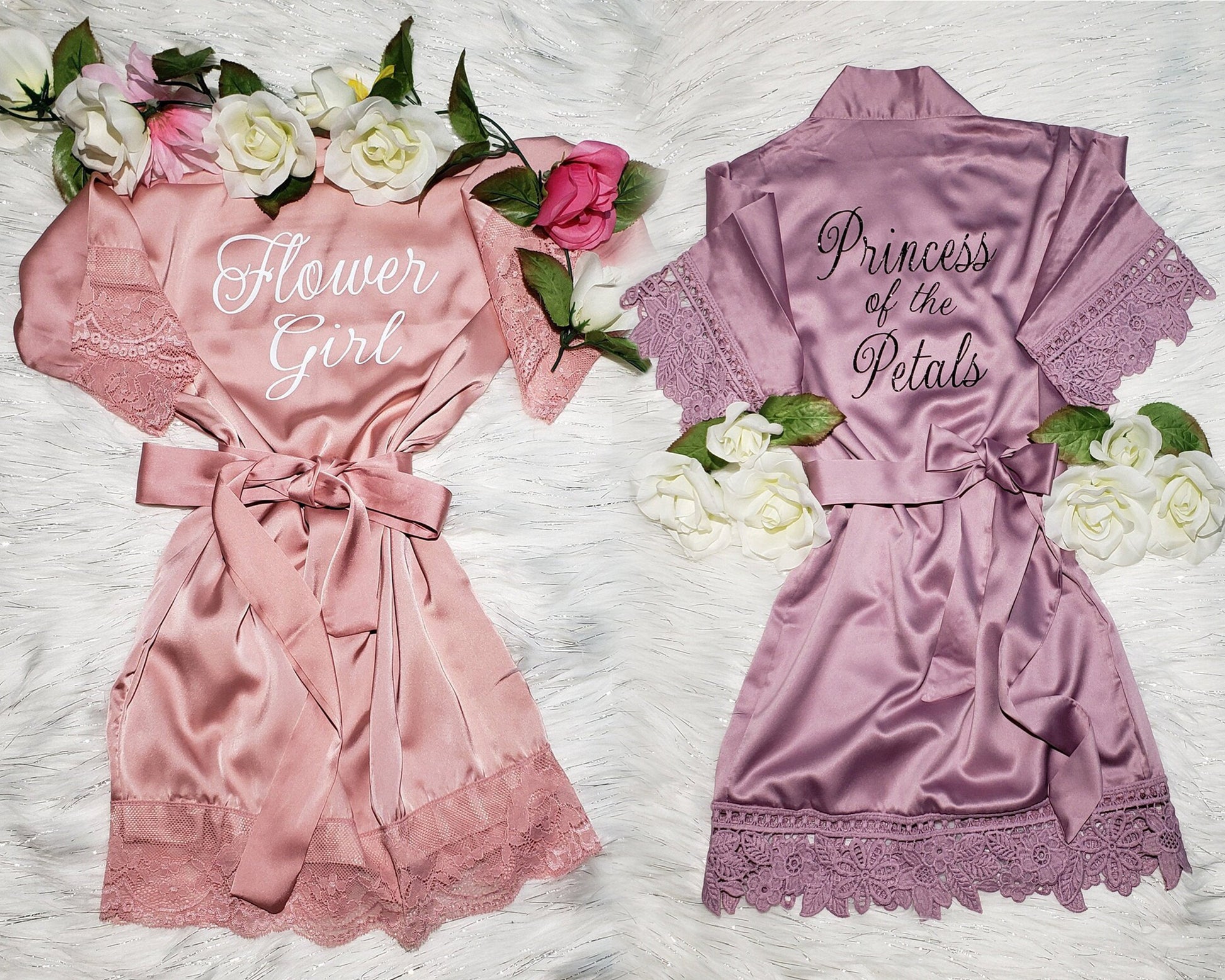 Pink and lavender satin robes with lace details and customizable print 