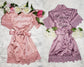 Pink and lavender satin robes with lace details and customizable print 