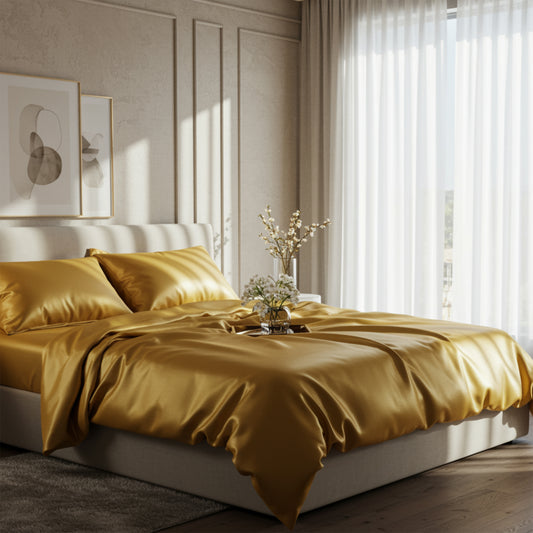 Radiant mustard gold satin bed sheets reflecting sunlight in a modern bedroom