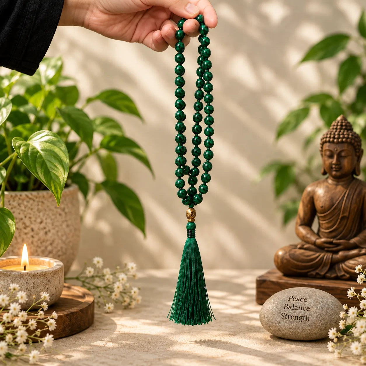 A hand holds a dark green beaded necklace with a tassel against a warm, sunlit background with a Buddha statue, potted plants, and a candle.